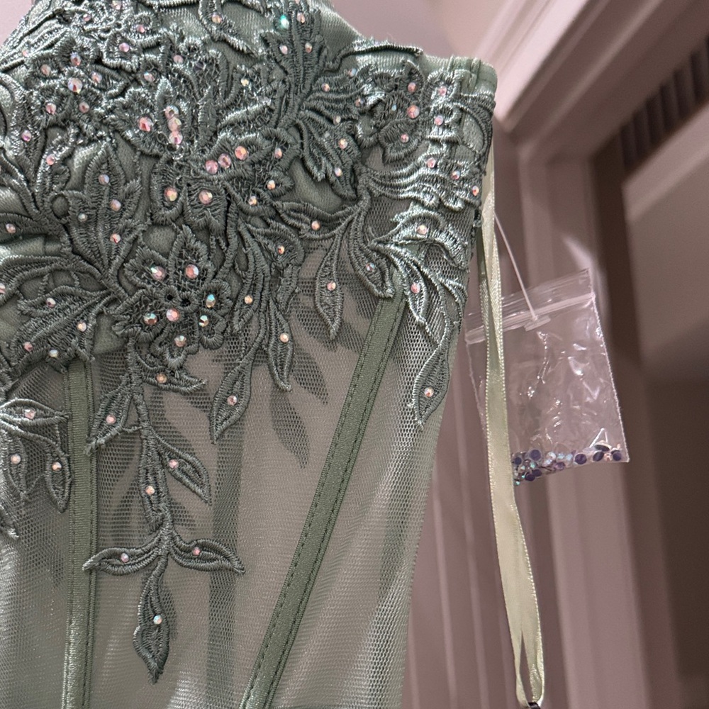 Elegant Strapless Sage Green Dress with Embroidery - Picture 7 of 7